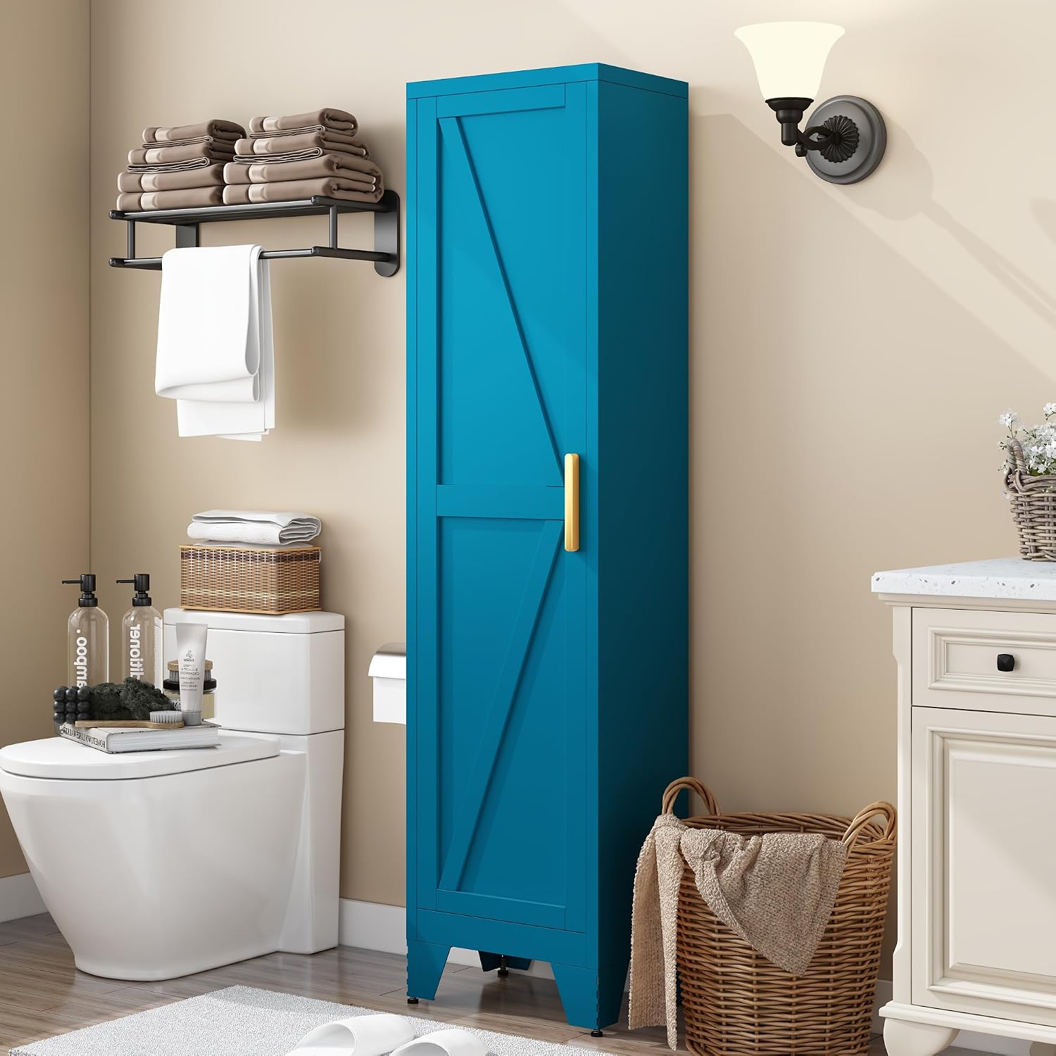 COFaR Tall Bathroom Cabinet, Metal Farmhouse Narrow Slim Storage Cabinet with Adjustable Shelves Barn Door for Bathrooms, Kitchens, Entrances Living Room (Blue)