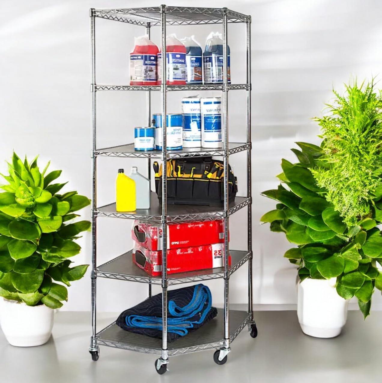 Heavy-Duty 6-Tier Corner Storage Shelf Unit with Wheels, Chrome Wire Shelving, Mobile Metal Rack with Casters