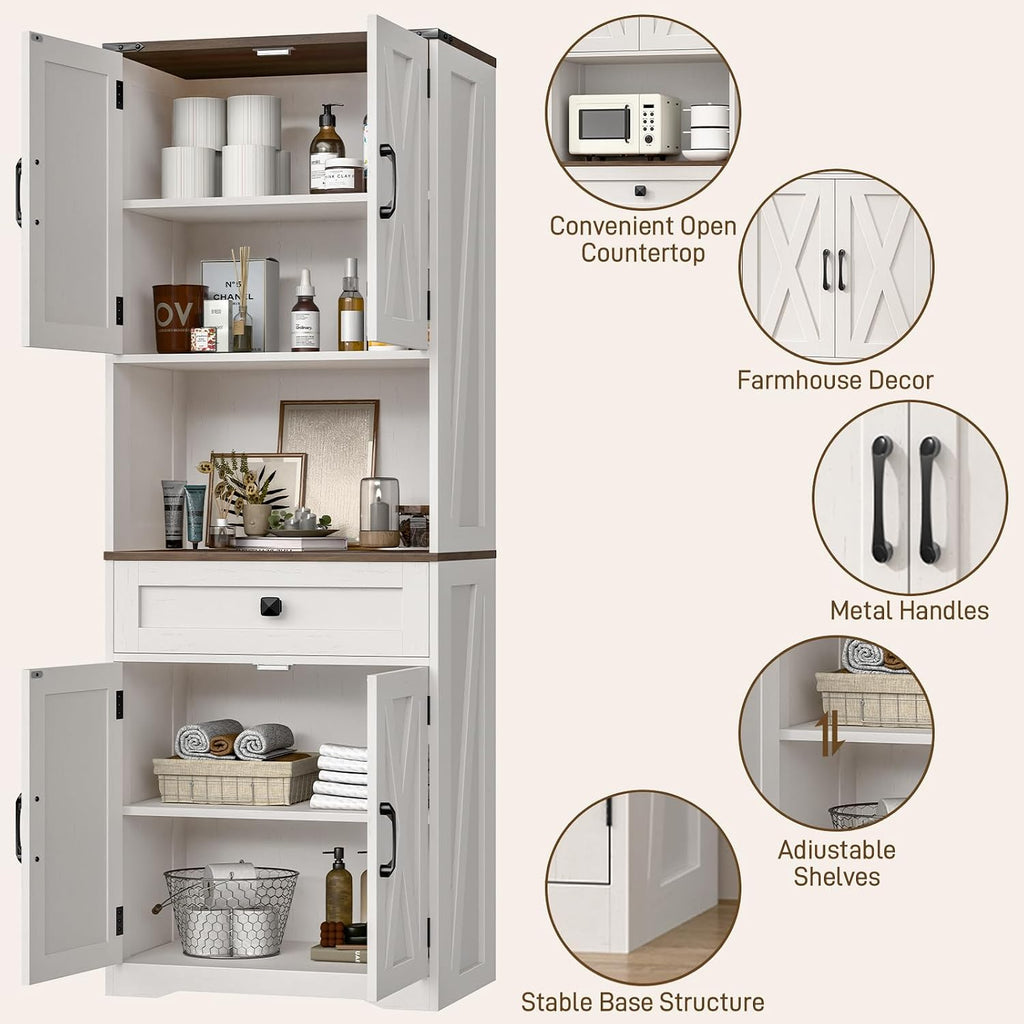 Halitaa Tall Kitchen Pantry Storage Cabinet, Farmhouse Storage with Organizer, Large Capacity Bathroom Cabinet with Drawer,Freestanding Cupboard for Kitchen, Dining Room, White