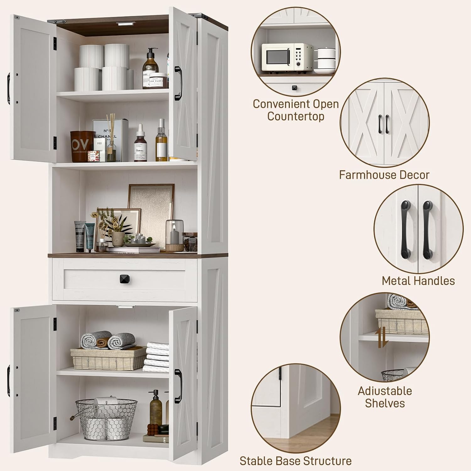 Halitaa Tall Kitchen Pantry Storage Cabinet, Farmhouse Storage with Organizer, Large Capacity Bathroom Cabinet with Drawer,Freestanding Cupboard for Kitchen, Dining Room, White