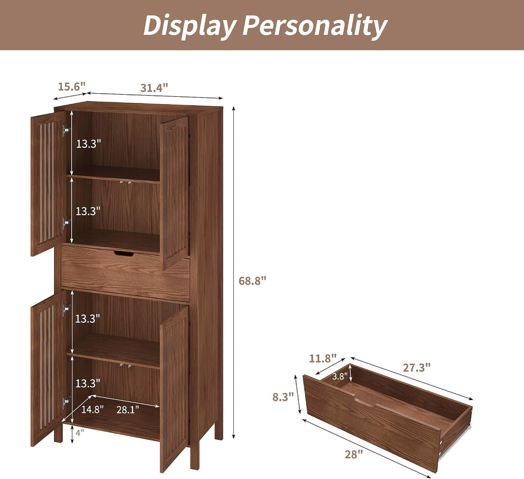 BVIUNTWO 69' Tall Farmhouse Storage Cabinet with Drawer & Adjustable Shelves, Grille Door Organizer Unit, Anti-Tip Design for Bathroom, Kitchen, Living Room, Rustic Brown