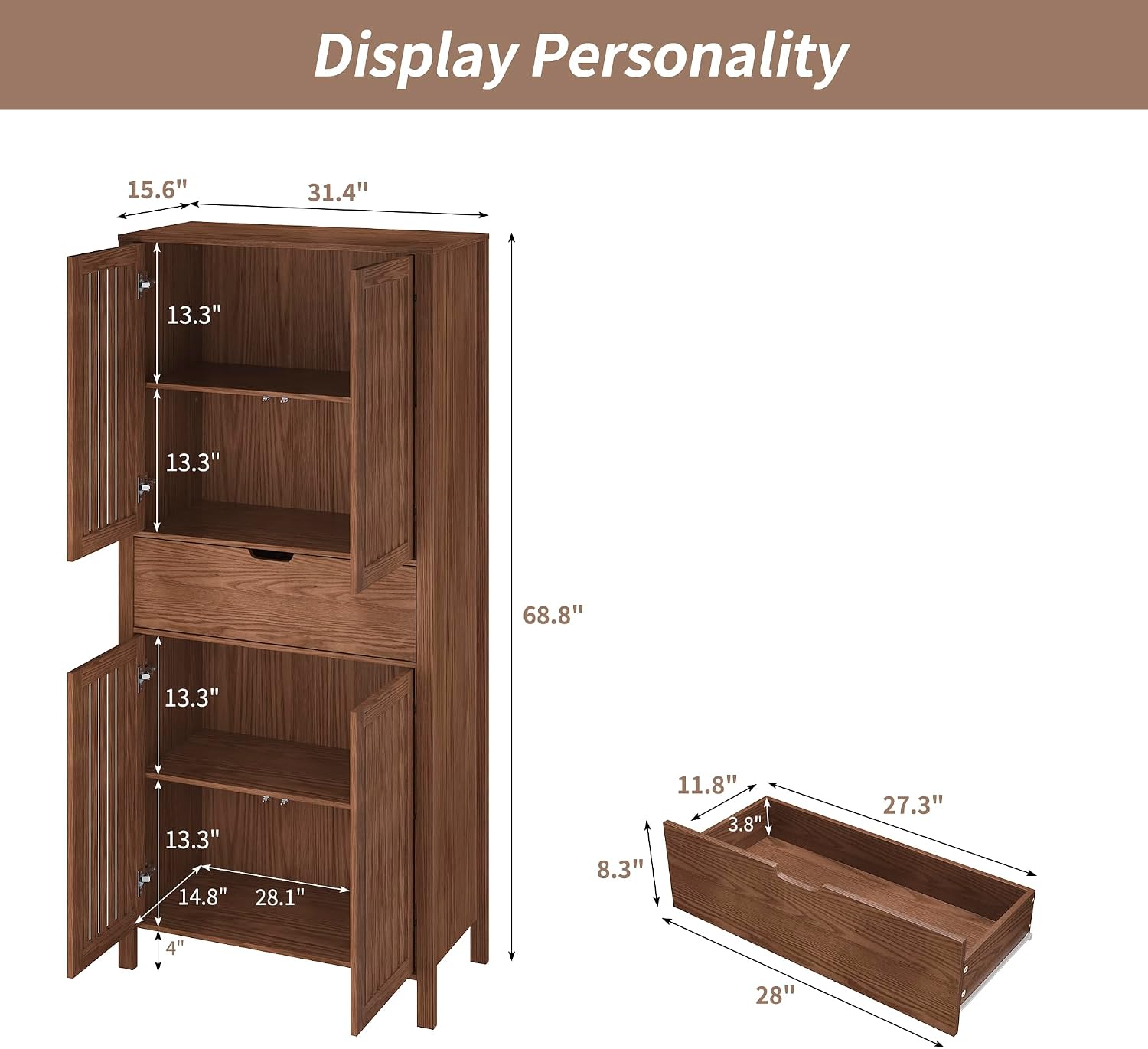 BVIUNTWO 69' Tall Farmhouse Storage Cabinet with Drawer & Adjustable Shelves, Grille Door Organizer Unit, Anti-Tip Design for Bathroom, Kitchen, Living Room, Rustic Brown