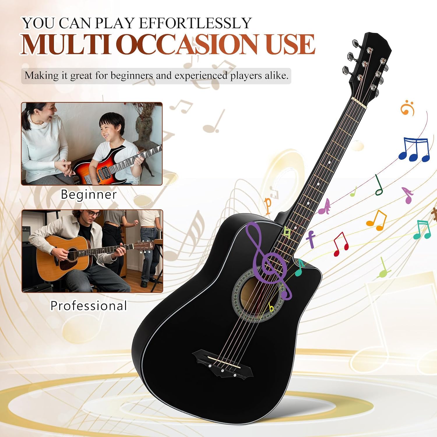 LIOOBO Beginner Acoustic Guitar: 38 Inch Basswood Guitar Basic Starter Kit with Gig Bag, Picks, and Protective Plate - Musical Instrument Present