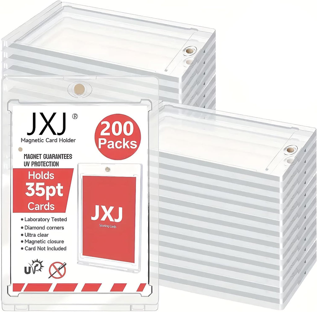 JXJ 200ct Magnetic Card Holders, 35pt One Touch Card Holder, U-V Protection Hard Plastic Case for Trading Cards, Display Case for Sports, Baseball, Football, Game Cards (200)