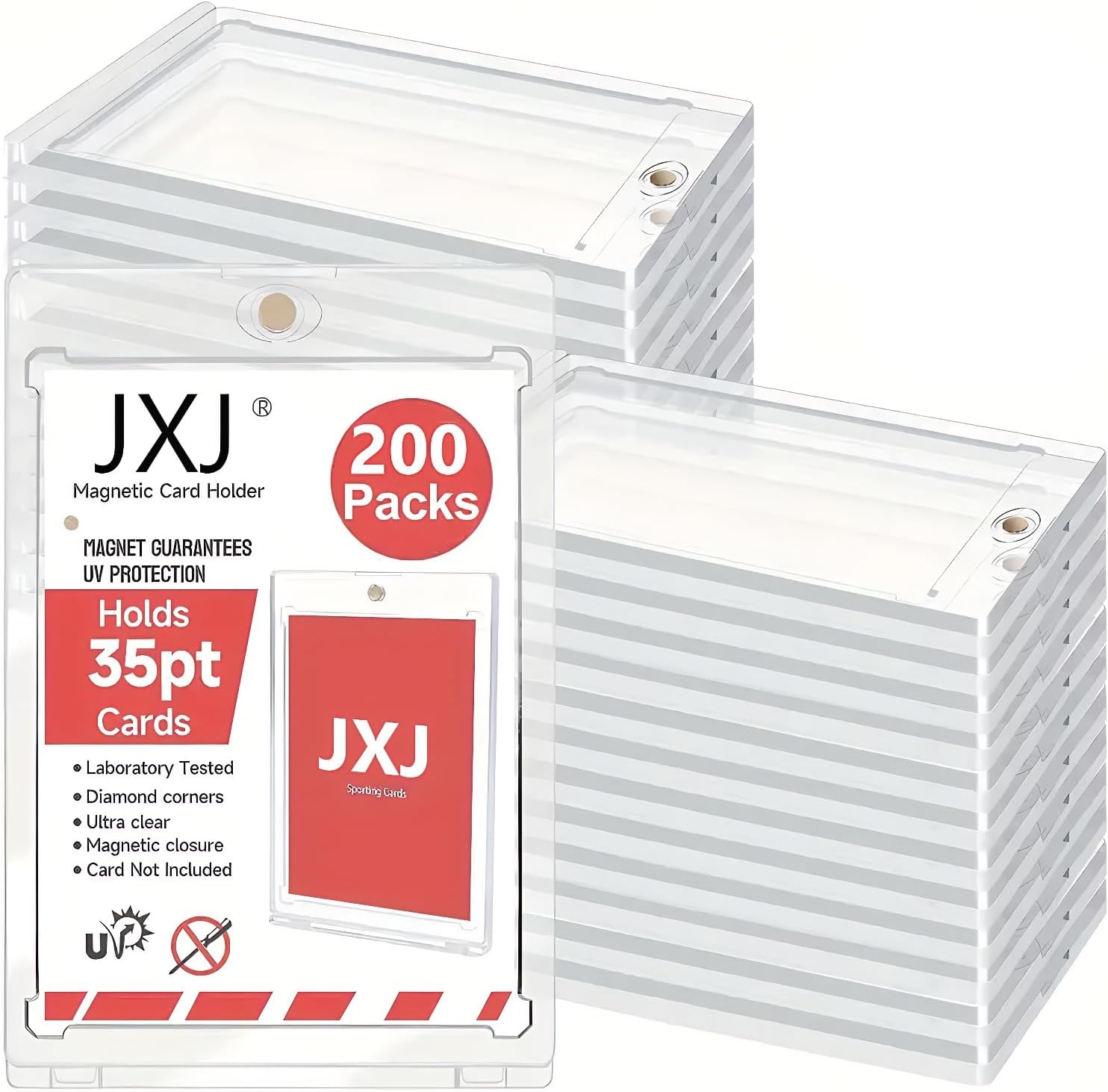 JXJ 200ct Magnetic Card Holders, 35pt One Touch Card Holder, U-V Protection Hard Plastic Case for Trading Cards, Display Case for Sports, Baseball, Football, Game Cards (200)