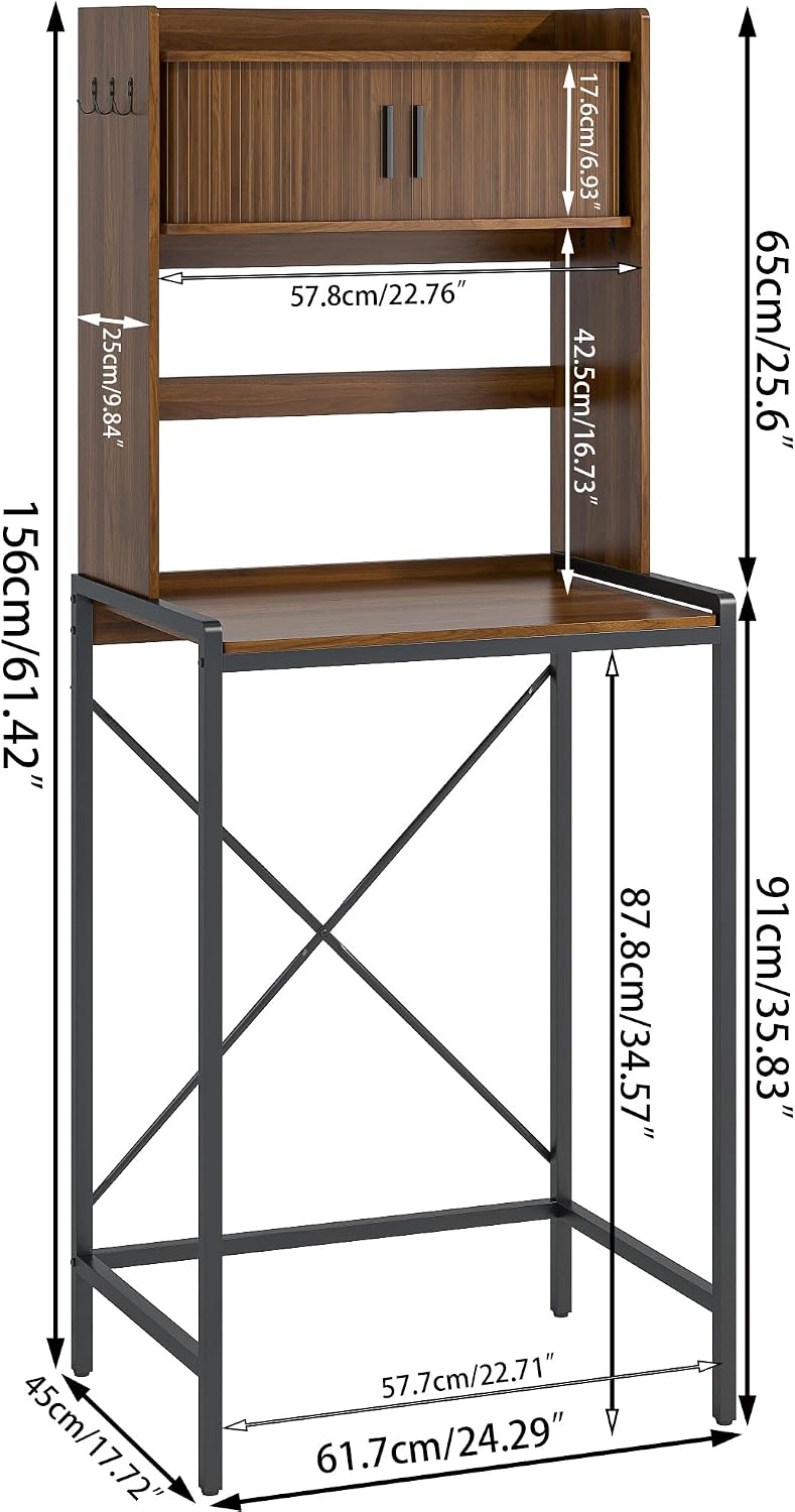 Mini Fridge Stand with Sliding Doors Storage, Microwave Stand and Baker's Rack with 6 Hooks, 4-Tier Mini Fridge Cabinet for Dorm, Home, Office, Kitchen, Walnut Wood