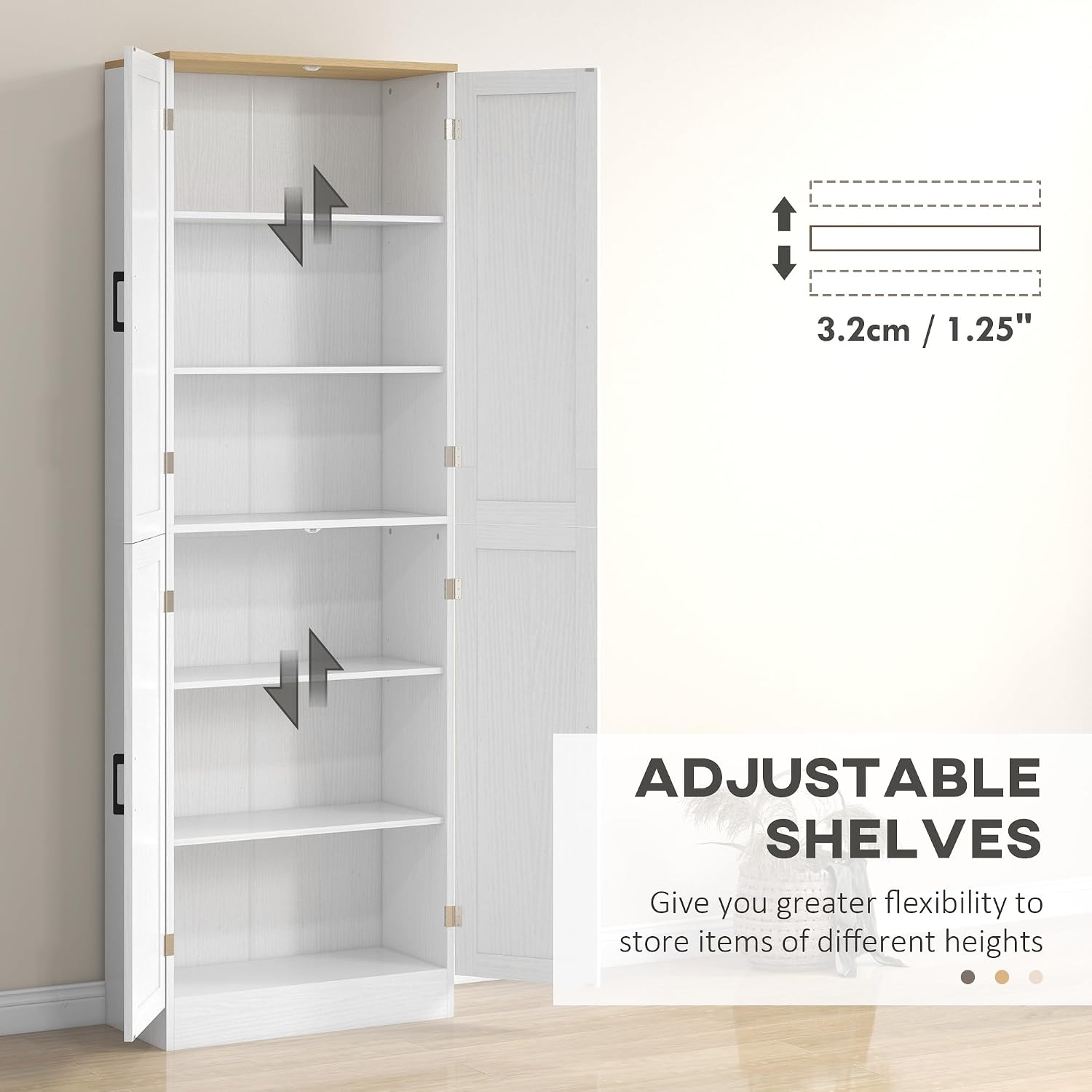 HOMCOM 67' Freestanding Kitchen Pantry, 4-Door Storage Cabinet Organizer with Adjustable Shelves, Kitchen Cabinet with Doors and Shelves, Distressed White