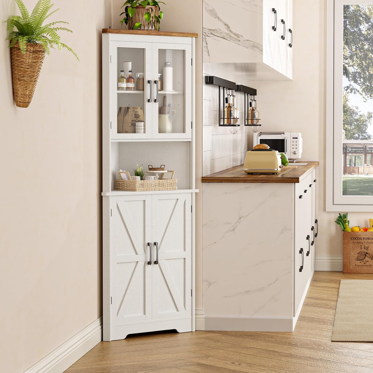 67''H Tall Corner Cabinet with 4 Tempered Glass Doors and Barn Doors, Farmhouse Storage Cabinet with 2 Adjustable Shelves, Home Pantry Hutch for Kitchen, Dining Living Room, Bathroom, Antique White