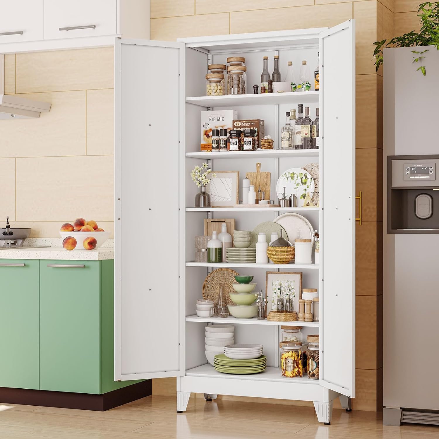75' Tall Metal Kitchen Pantry Storage Cabinet with 2 Doors and 5 Adjustable Shelves, White Food Freestanding Cupboard for Kitchen, Dining Room, Bathroom and Garage (White)