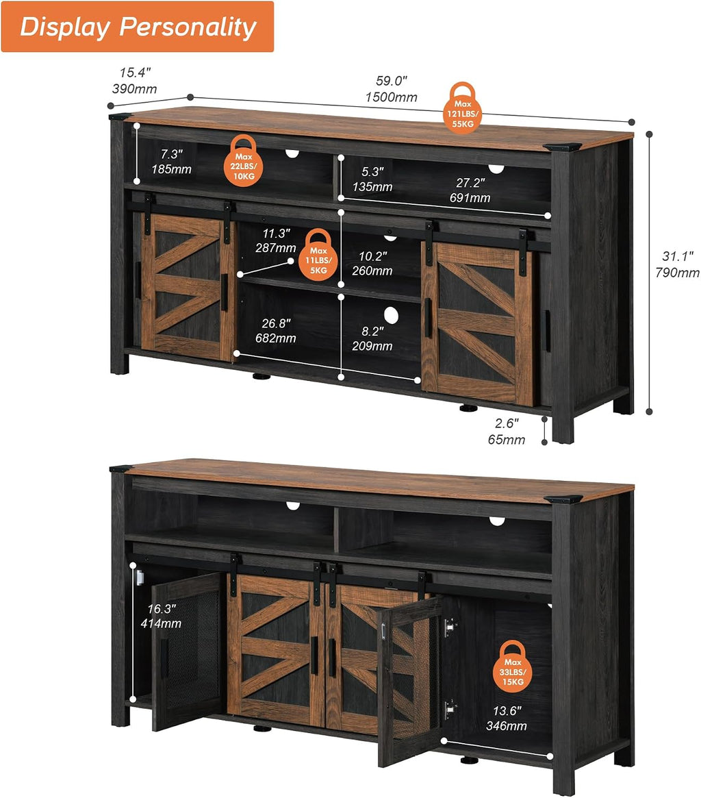 WAMPAT Farmhouse Buffet Cabinet, Rustic Sideboard with Sliding Barn Doors, 59' Coffee Bar Storage Cabinet with Mesh Doors, Cupboard Table for Kitchen, Dining Room, Living Room，Antique Black & Brown