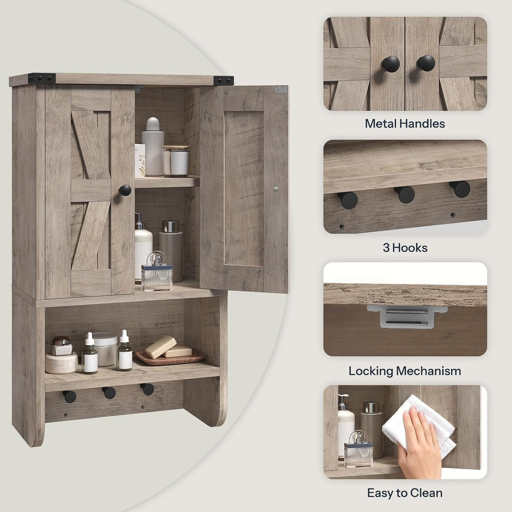 MAHANCRIS Bakers Rack and Medicine Cabinet Bundle, 3-Tier Microwave Stand with Mini Fridge Shelf, 3-Tier Wall-Mounted Storage Cabinet with Adjustable Shelf, for Bathroom Kitchen, BRHR5401-WC03