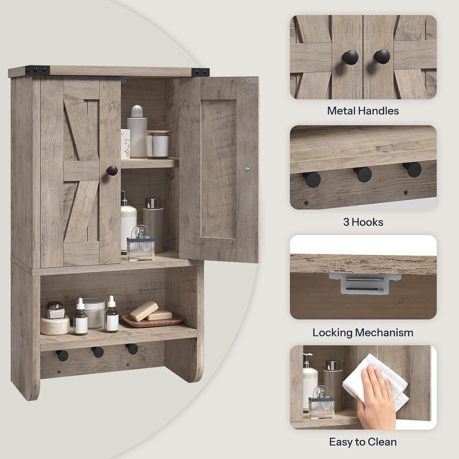 MAHANCRIS Bakers Rack and Medicine Cabinet Bundle, 3-Tier Microwave Stand with Mini Fridge Shelf, 3-Tier Wall-Mounted Storage Cabinet with Adjustable Shelf, for Bathroom Kitchen, BRHR5401-WC03