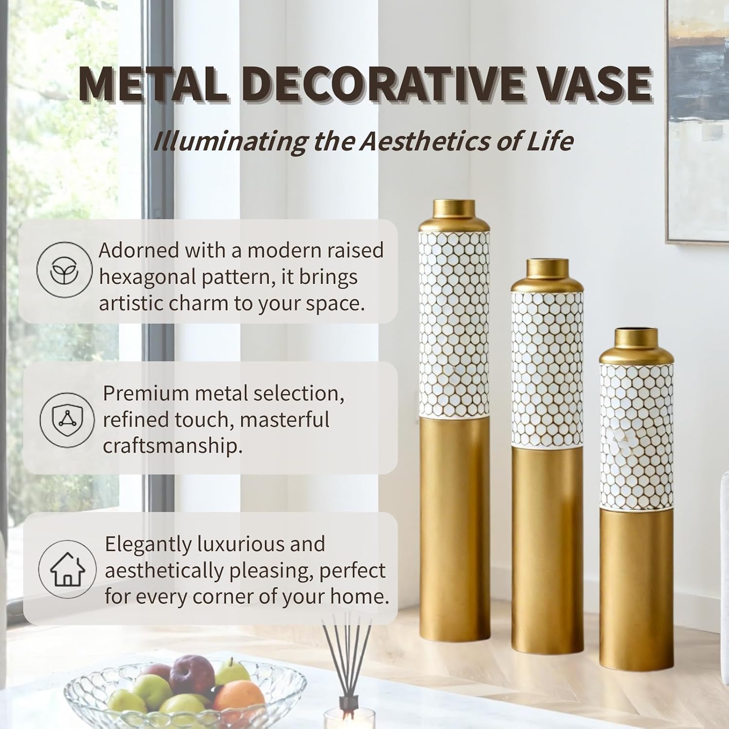 Modern Metal Standing Vase Set of 3, Gold & White Hexagon Pattern Floor Vases，Modern Glam Home Decor for Living Room, Entryway, Hallway (White&Gold - 32.6'/ 28.34'/ 24' Height)
