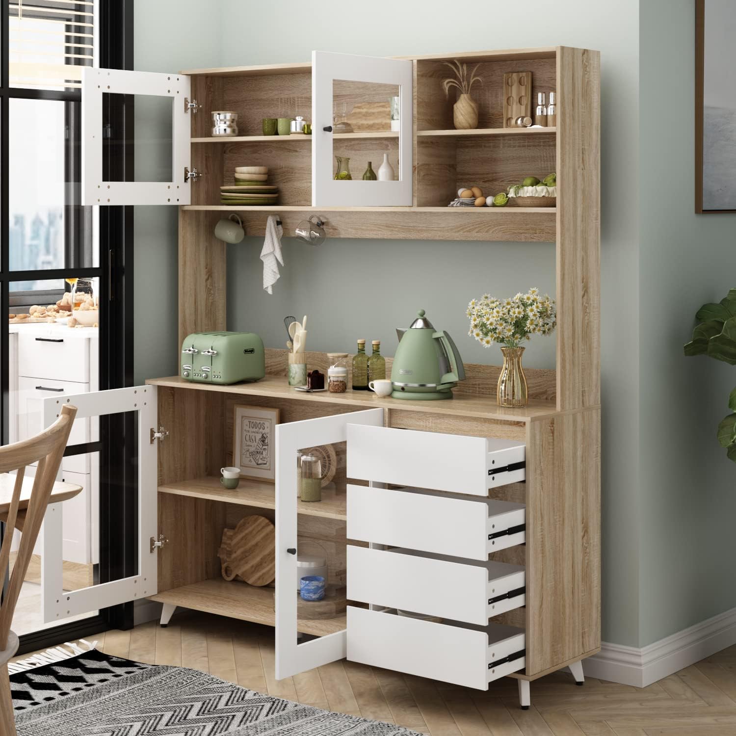 FUFU&GAGA 74.8' Tall Kitchen Pantry Cabinet with 4 Drawers, 4 Doors & Microwave Stand, Freestanding Hutch Cabinet with Buffet Cupboard for Kitchen, Dinningroom (Oak/White)