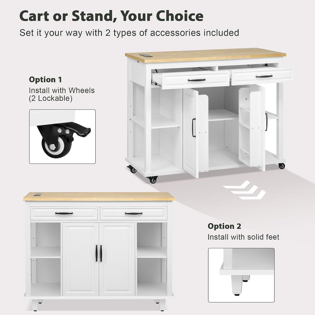 47' Kitchen Island with Extendable Dining Table, Rubber Wood Veneer Kitchen Table with Internal Storage Rack, Power Outlet, 2 Drawers, 2 Cabinet for Kitchen, Dining Room White