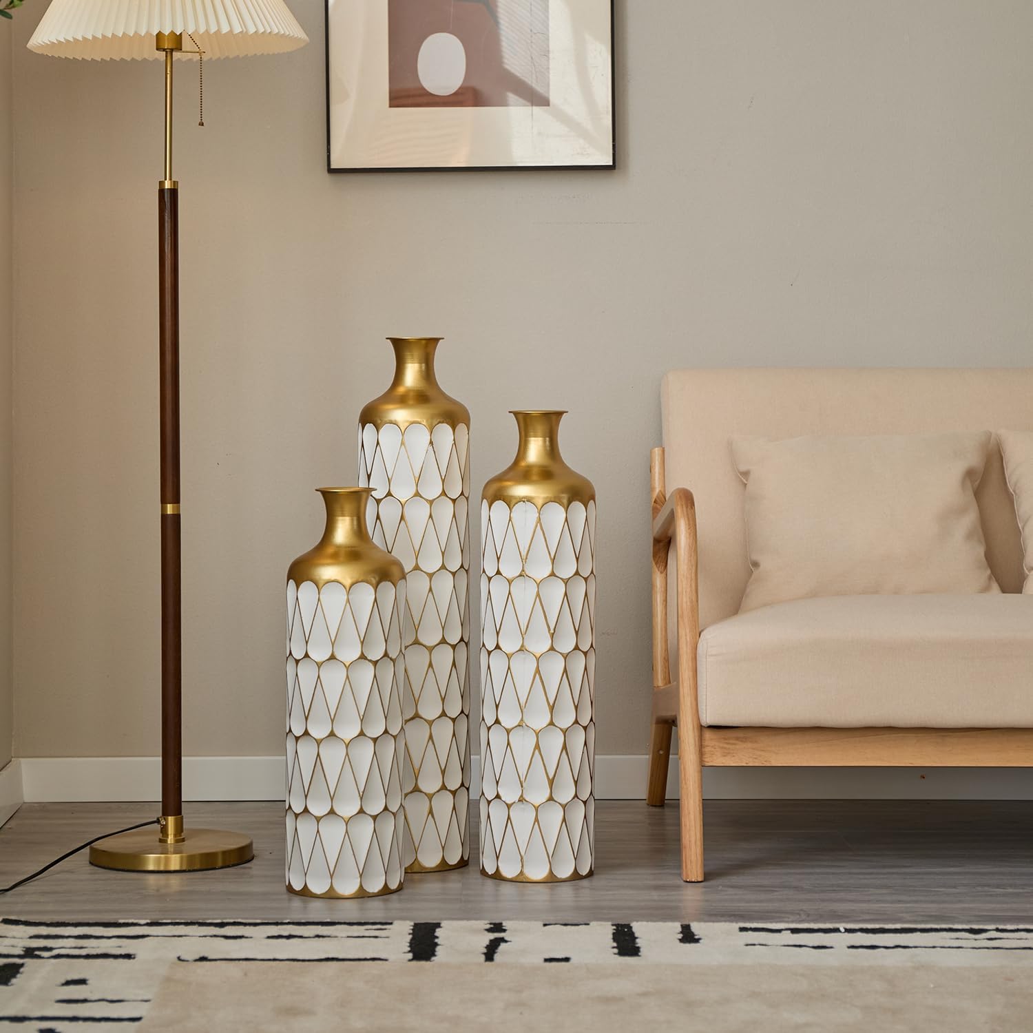 Luxurious White Metal Vase Set with Gold Details - 3-Piece Droplet Design for Beautiful Home Styling!