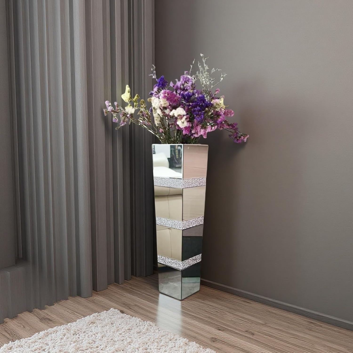 30' Large Crushed Diamond Floor Vases,Tall Mirrored Silver Crystal Vase, Floor Vases Decorative Tall for Home,Office,Hotel (8' L x 8' W x 30' H)