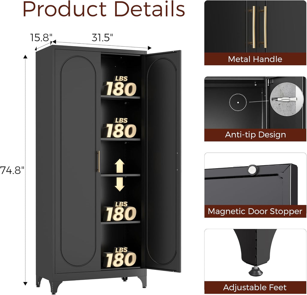 75' Tall Black Metal Storage Cabinet with Doors & Adjustable Shelves, Heavy-Duty Pantry Cabinet for Kitchen, Garage, Home Office, Living Room & School