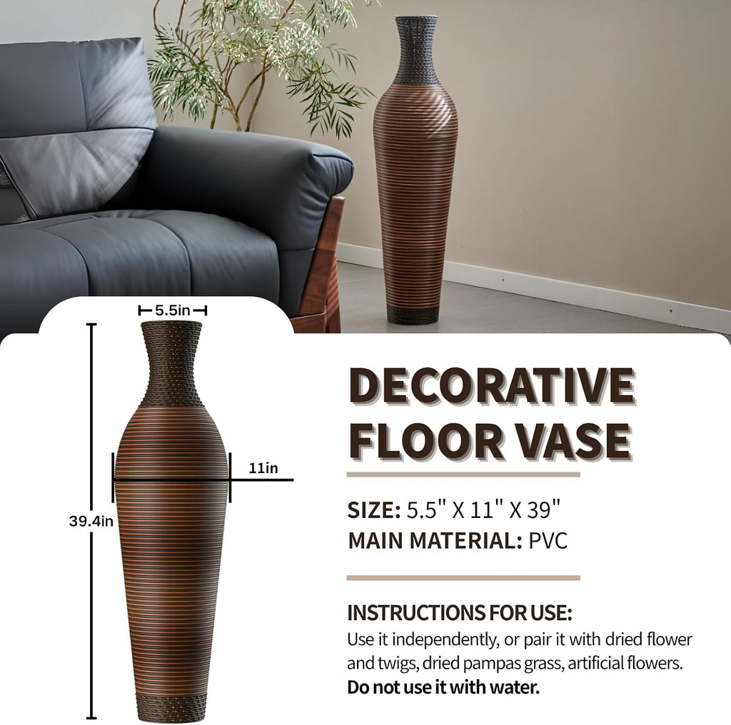 39-Inch Tall Vintage Floor Vase - Premium PVC Rattan Weave, Large Brown Standing Vase, Flower Holder for Home Decor (47 - Dark Brown)