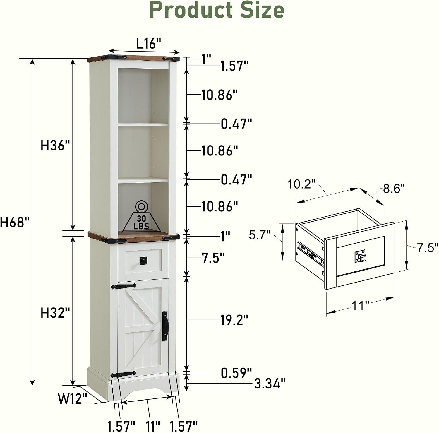 OKD 68' Tall Bathroom Storage Cabinet, Farmhouse Storage Cabinet with Barn Door & Drawer, Adjustable Shelves, Tall Linen Tower for Bathroom, Living Room, Rustic Oak with Antique White