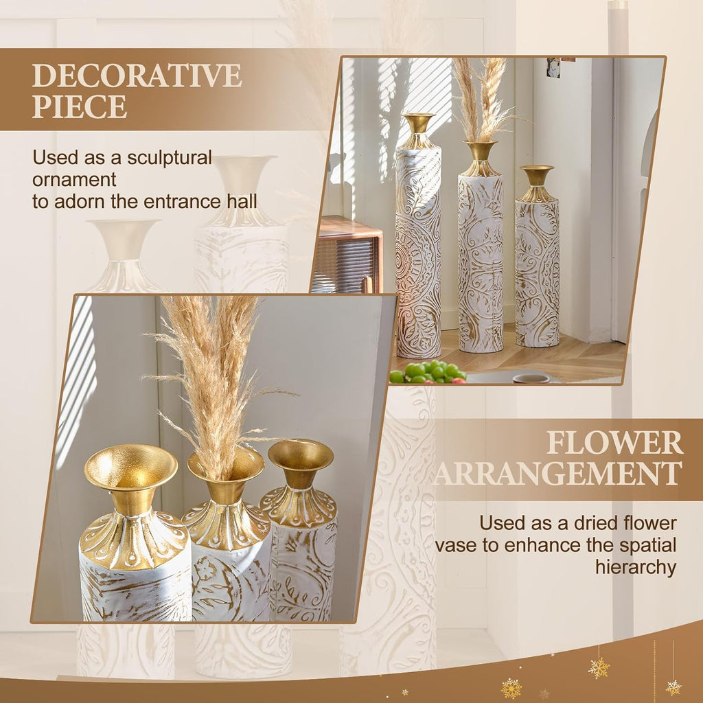 Tall Large Floor Vases Home Decor Set of 3 White and Gold Flower for Wedding Living Room Luxury Dried Flowers Antique Worn Vases 24'/28.7'/33.5' Height