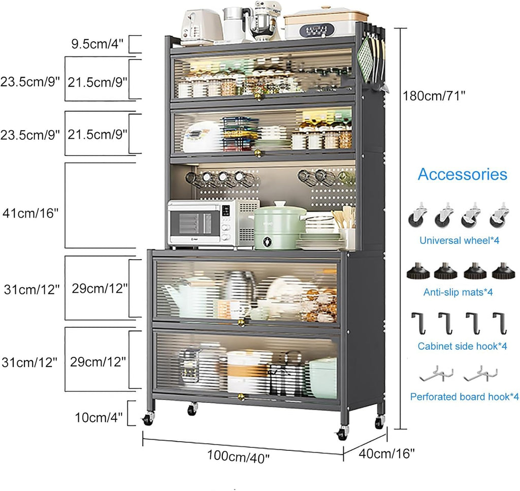Baker's Rack with Kitchen Storage Drawer Cabinet - Flip Door and Drawer Microwave Stand Rack with Pegboard and Accessories, Metal Shelves for Garage Pantry Home Kitchen Spices (Color : White, Size :