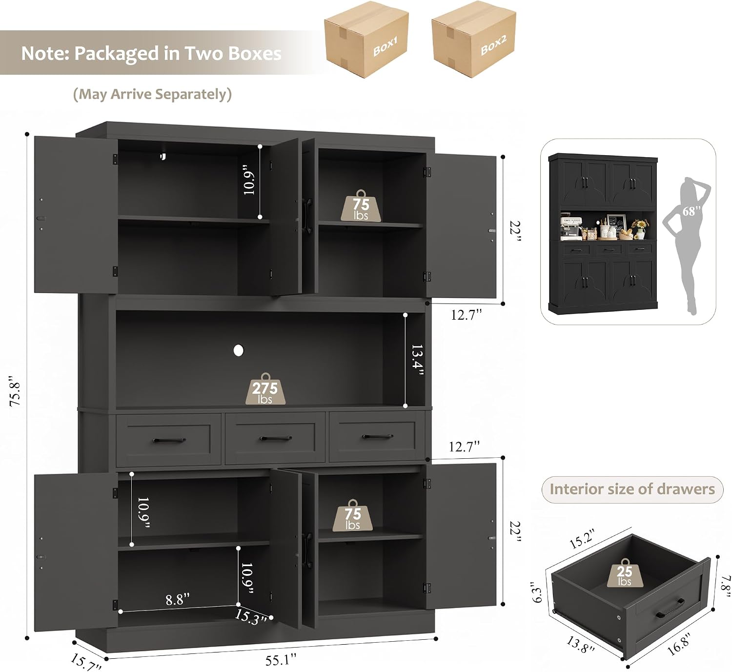 HITHOS 76' Tall Kitchen Pantry Storage Cabinet, 55' Wide Kitchen Hutch Cabinet with Storage Drawers, Large Food Pantry with Microwave Stand, Modern Cupboard with Hutch for Dining Living Room, Black