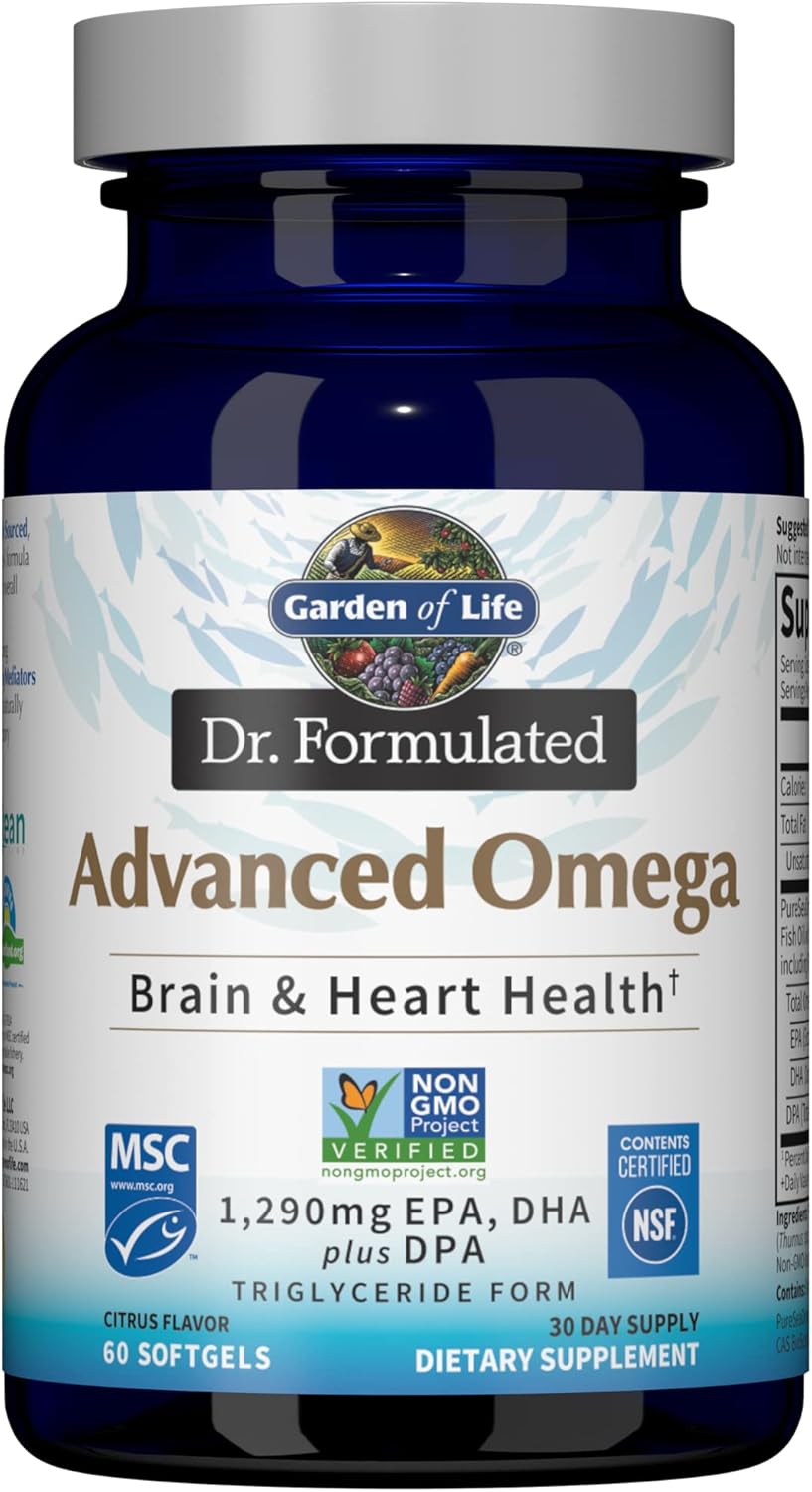 Garden of Life Dr. Formulated Advanced Omega Fish Oil-Lemon, 1,290mg EPA,DHA+DPA in Triglyceride Form,Single Source Omega 3 Supplement for Ultimate Brain & Heart Health,Non-GMO,60 Softgels (Pack of 6)