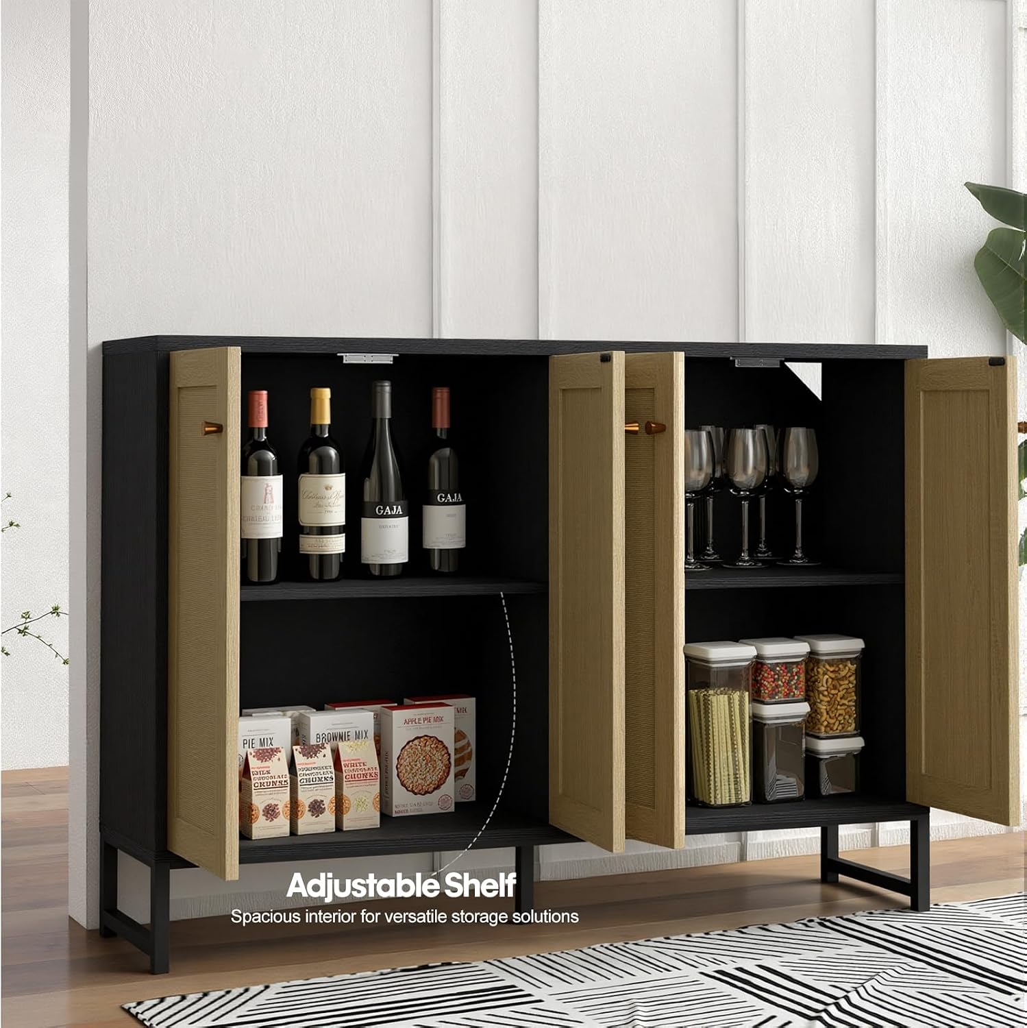 Panana Sideboard Accent Storage Cabinet with Rattan Decorated 4 Doors Dining Room Freestanding Kitchen Buffet Table Cupboard (Black)