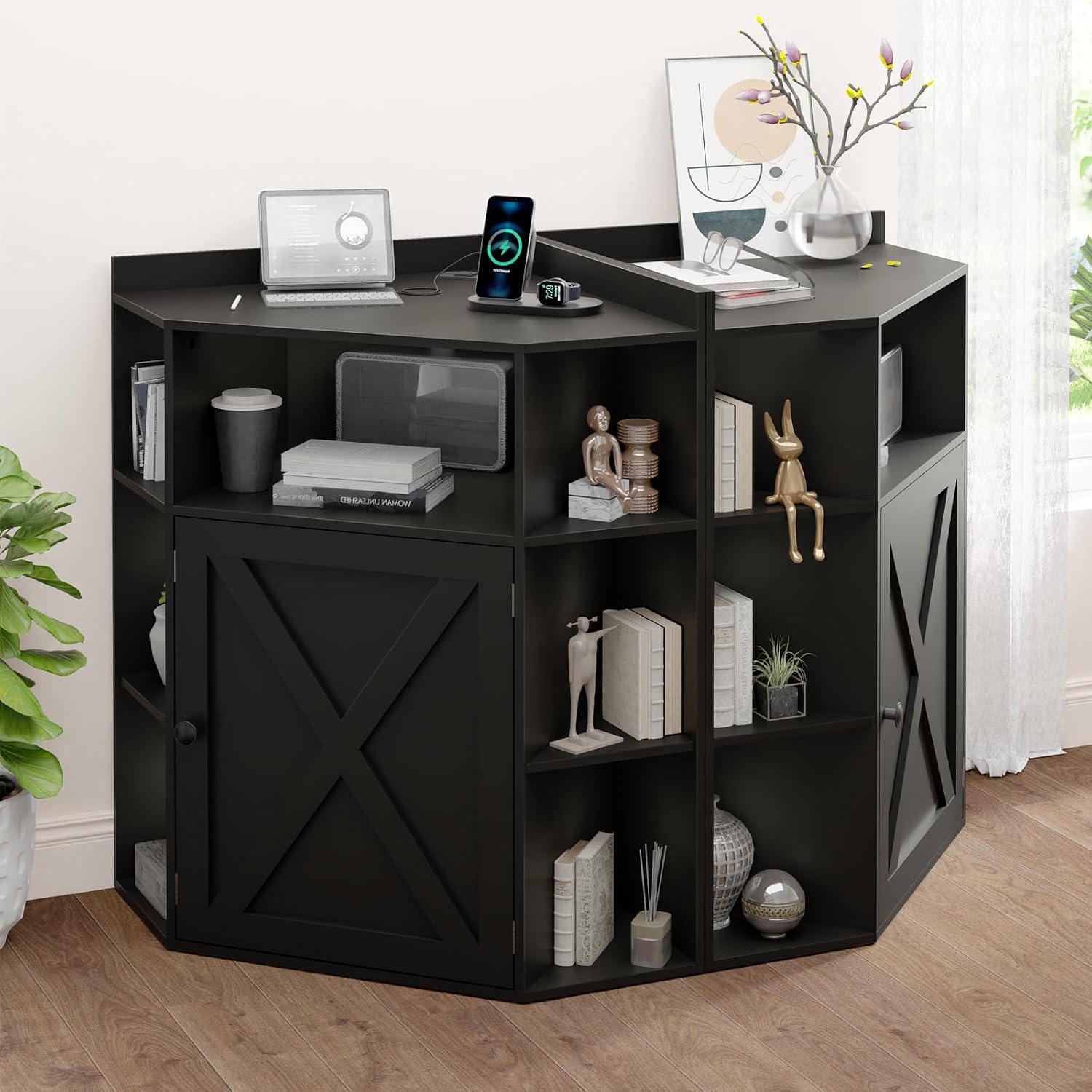 Vabches Corner Cabinet, Corner Storage Shelf with USB Ports and Outlets Industrial Organizer for Small Space Wooden 6-Cubby Bookshelf for Study, Playroom, Living Room (Black)