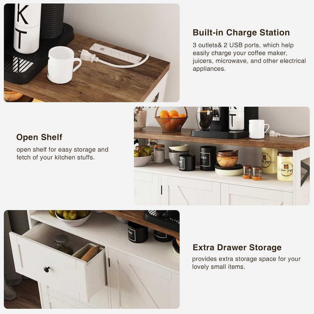 47' Antique White Storage Cabinet with Doors and Drawers, Farmhouse Sideboard Buffet Cabinet with Storage, Kitchen Pantry Hutch, Coffee Bar Station Table for Kitchen, Livingroom, Dining Room
