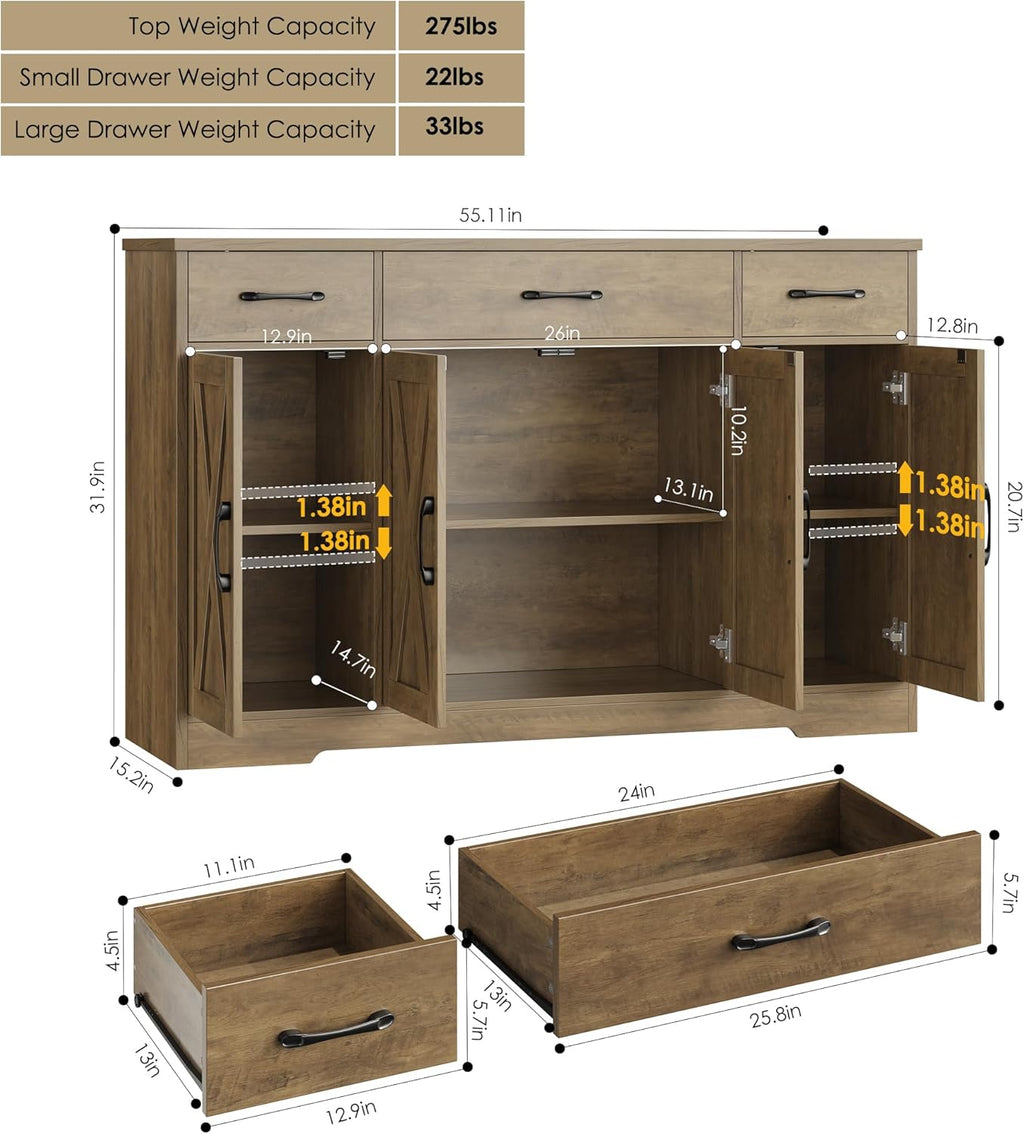 HOSTACK Buffet Sideboard Cabinet with Drawers, 55' Large Buffet Storage Cabinet with Shelves and Doors, Modern Farmhouse Coffee Bar Station Wood Kitchen Table for Kitchen, Dining Room, Rustic Brown