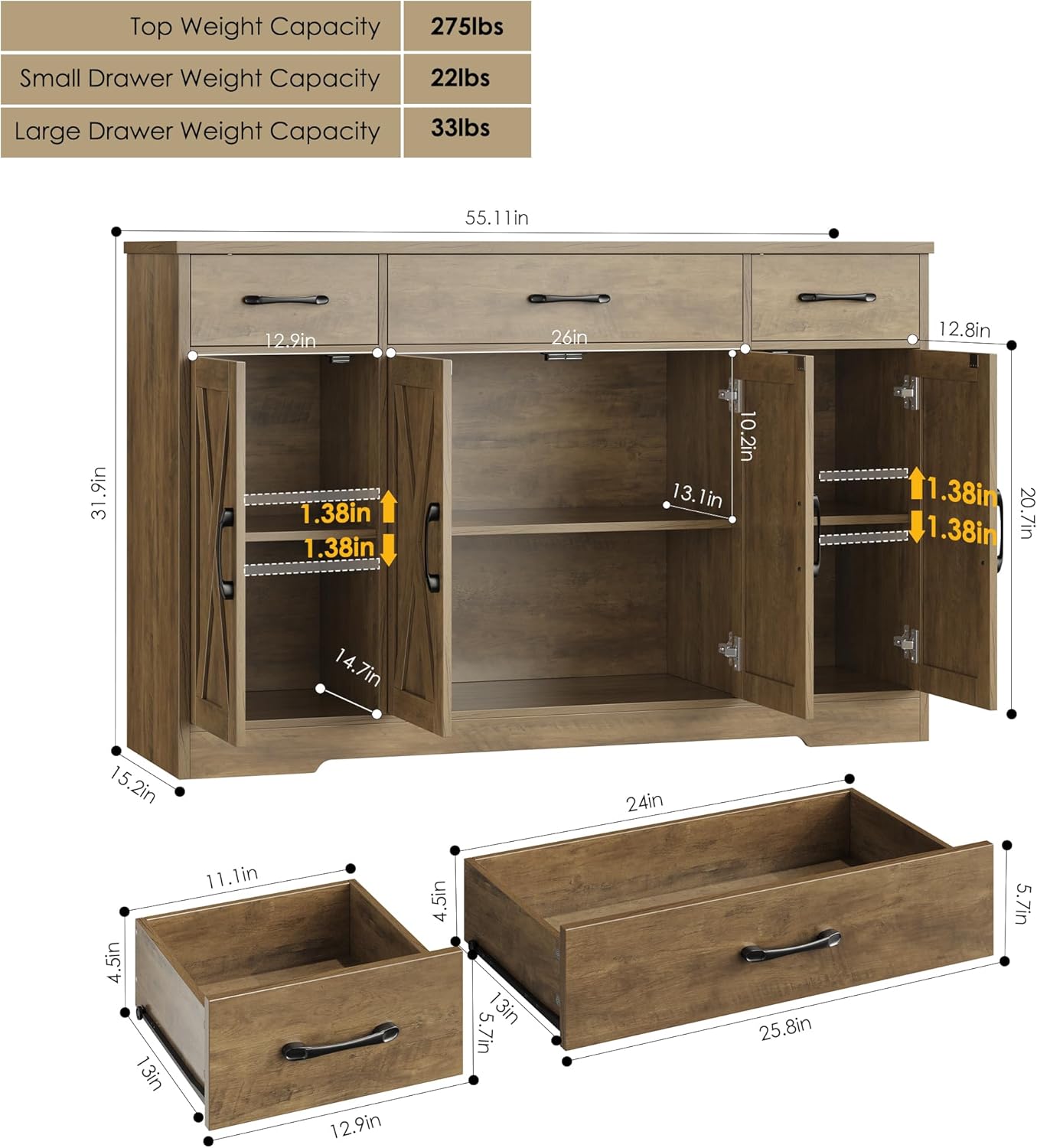 HOSTACK Buffet Sideboard Cabinet with Drawers, 55' Large Buffet Storage Cabinet with Shelves and Doors, Modern Farmhouse Coffee Bar Station Wood Kitchen Table for Kitchen, Dining Room, Rustic Brown