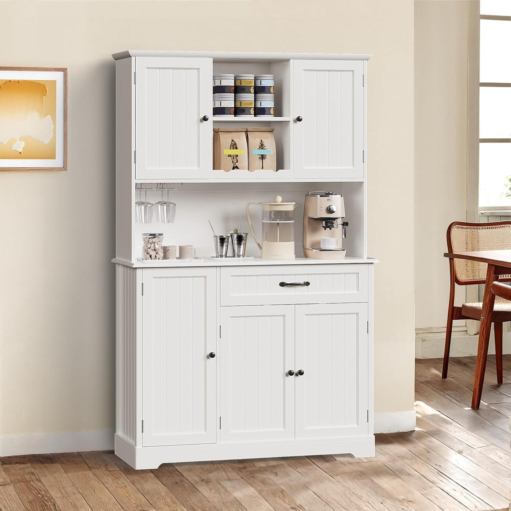 Gizoon Tall Kitchen Storage Cabinet with Door and Shelves, 67' Kitchen Pantry Cabinet Large Coffee Bar Hutch with Storage for Dining Room, Painted White