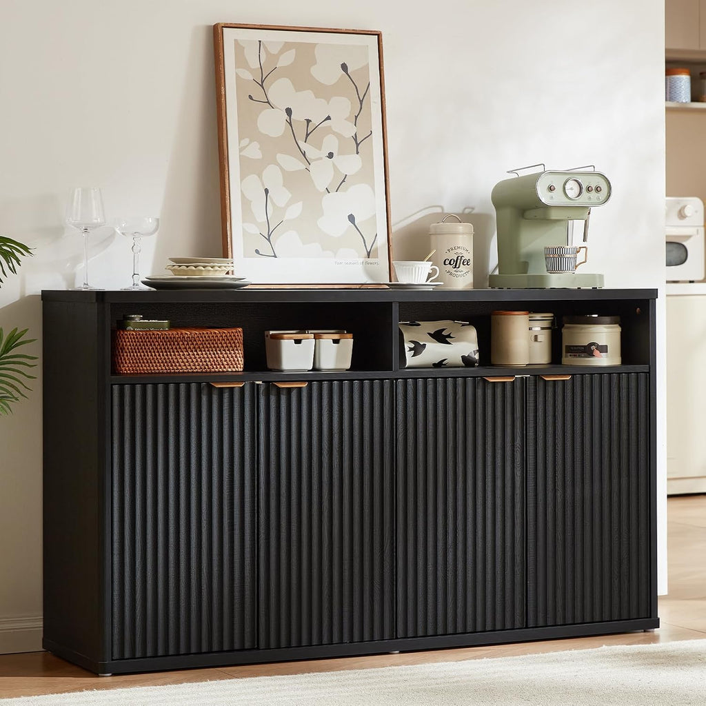 LEYAOYAO Fluted Buffet Cabinet with Storage, 55' Wide Wood Sideboard Credenza with 4 Doors & Open Storage Shelf, Modern Kitchen Console Accent Cabinets, Coffee Bar Table for Dining Room, Black Oak