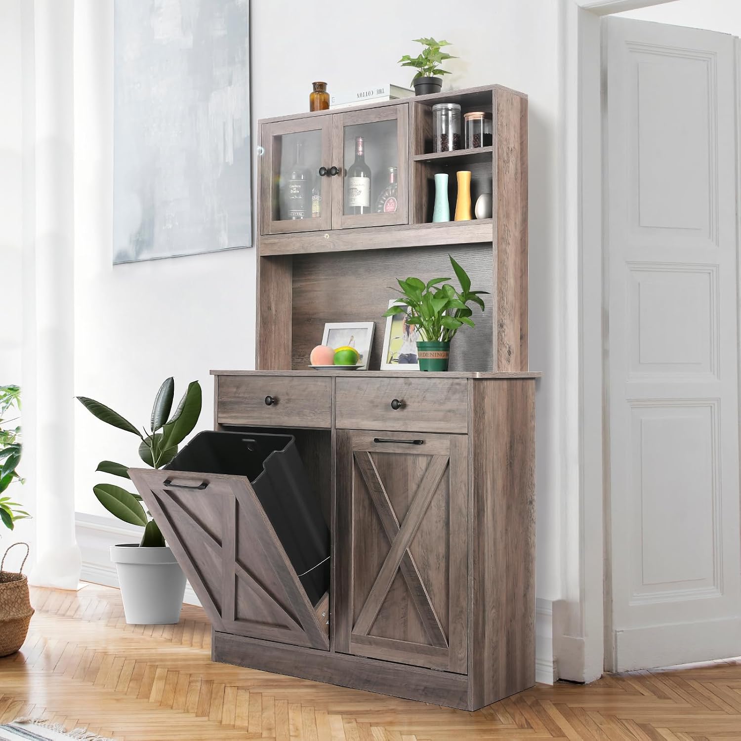 Arlopu Dual Tilt Out Trash&Storage Cabinet, Kitchen Sideboard Cupboard W/Pet Proof 10X2 Gal Hidden Garbage Holder, Freestand Laundry Sort Cabinet, W/Drawer, Shelves,Barn Door (Oak Grey)