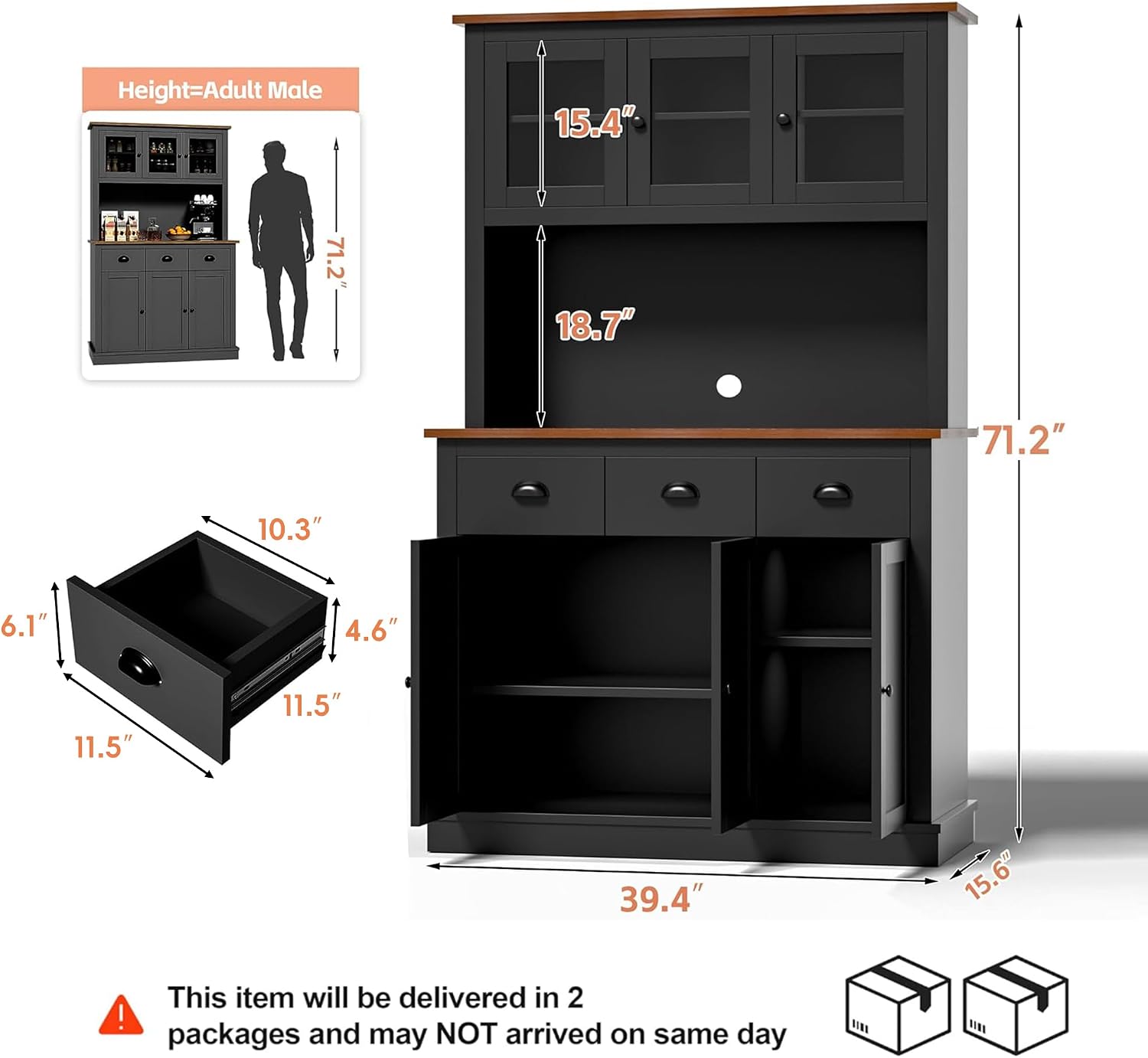 MU 71' Kitchen Pantry Cabinet with Charging Station, Tall Pantry Hutch with Drawers, Countertop & Microwave Shelf, Food Storage Cabinet for Dining Room & Coffee Bar, Black