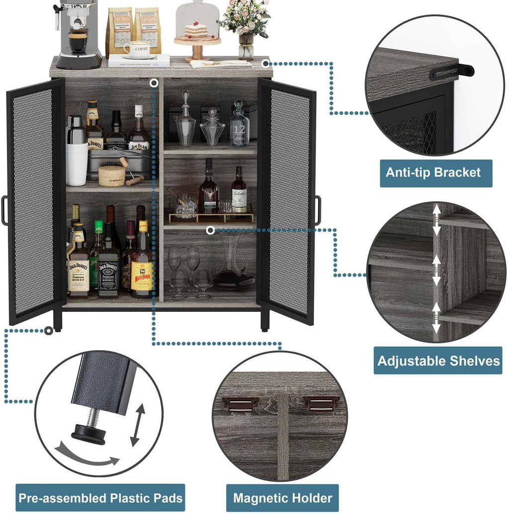 BON AUGURE Small Coffee Bar Cabinet with Storage, Farmhouse Liquor Cabinet for Home Coffee Station, Wood Sideboard Buffet with Doors for Kitchen, Dining Room, Living Room, Dark Grey Oak