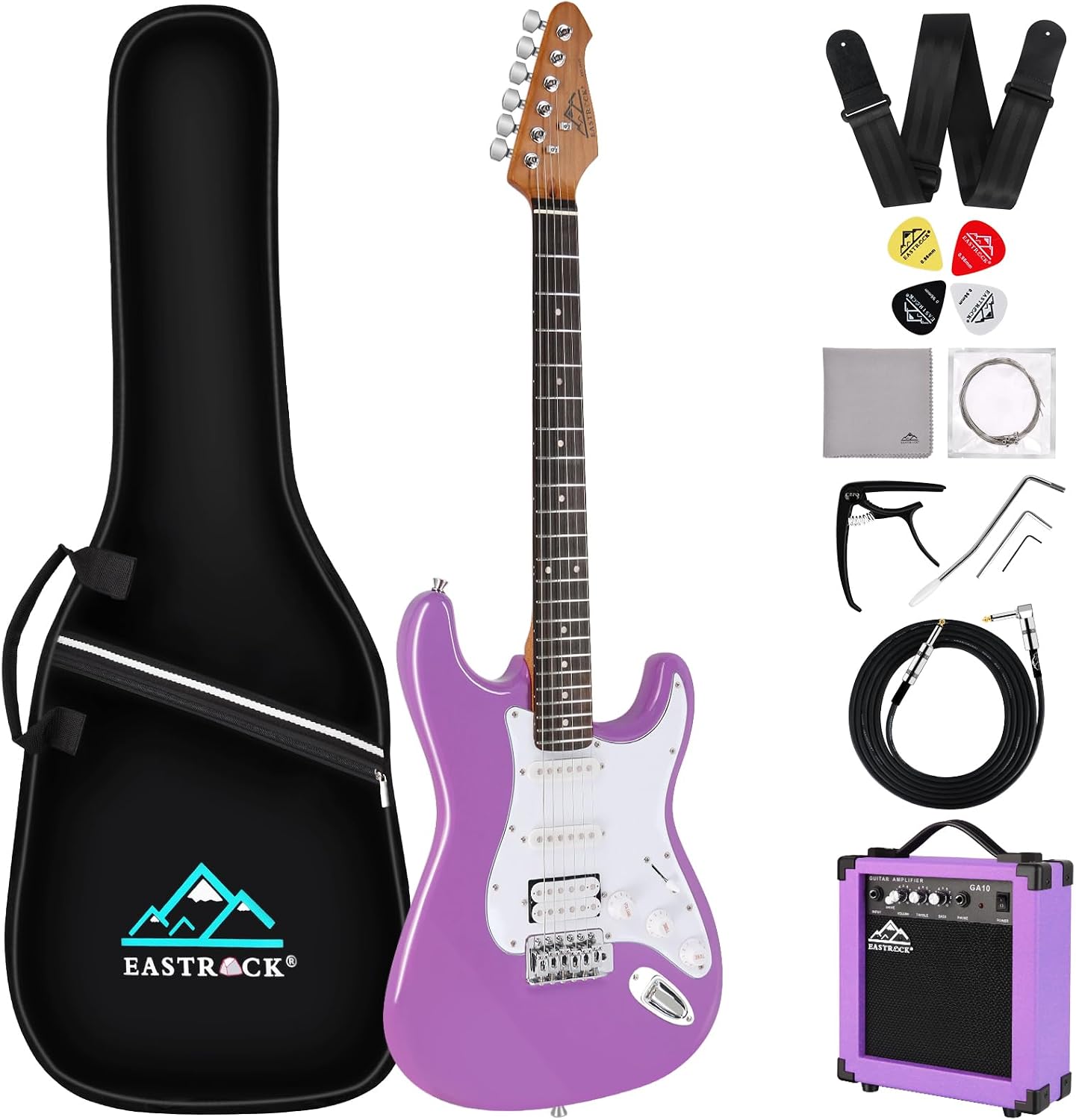 EASTROCK Electric Guitar 39' Full Size Solid Body Electric Guitar Kit for Beginner Girls & Adults with 10w Amp, Bag, Capo, Shoulder Strap, String, Cable, Picks, (Right-Handed, Purple)