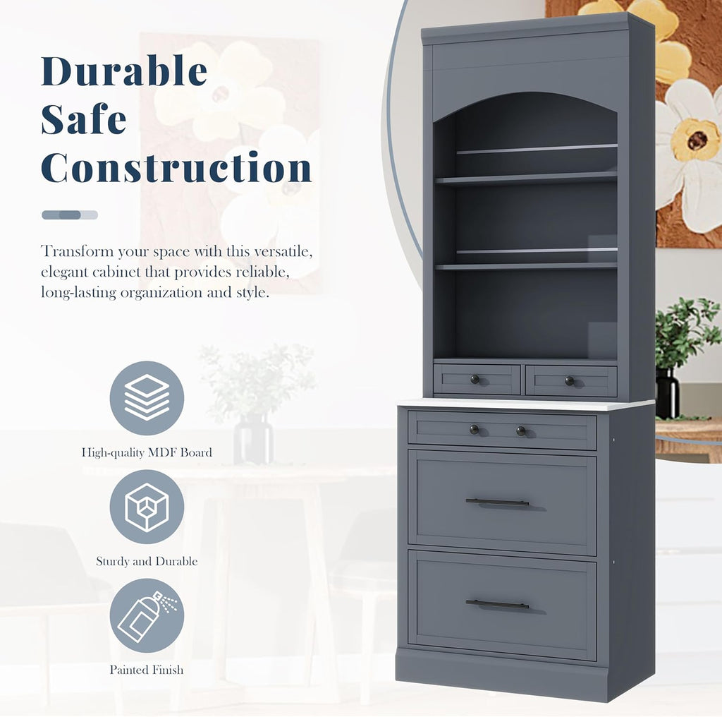 84' Freestanding Storage Cabinet with 5 Drawers, Kitchen Storage Bakers Rack with Faux Marble Top, Utility Food Cupboard with Adjustable Shelf for Kitchen Dining Room, Gray