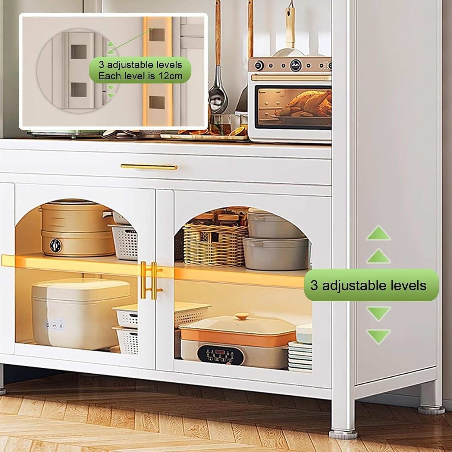6-Tier Kitchen Baker's Rack with Drawer & Hooks, Versatile Microwave Stand & Pegboard Storage, Stylish White Metal Shelving Unit, 80cm (Style C, 100cm)