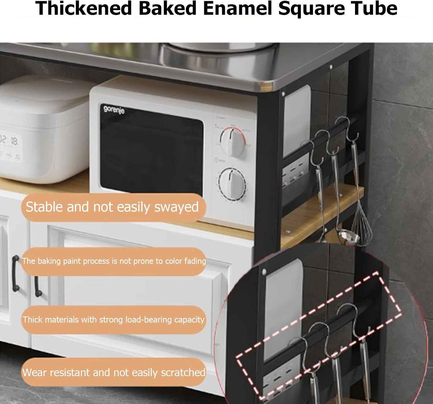 4-Tier Kitchen Storage Rack,Bakers Rack with Sliding Drawer and S-Shaped Hooks,Kitchen Storage Shelves with Adjustable Foot Pad,Standing Metal Shelf Rack for Storage Pantry