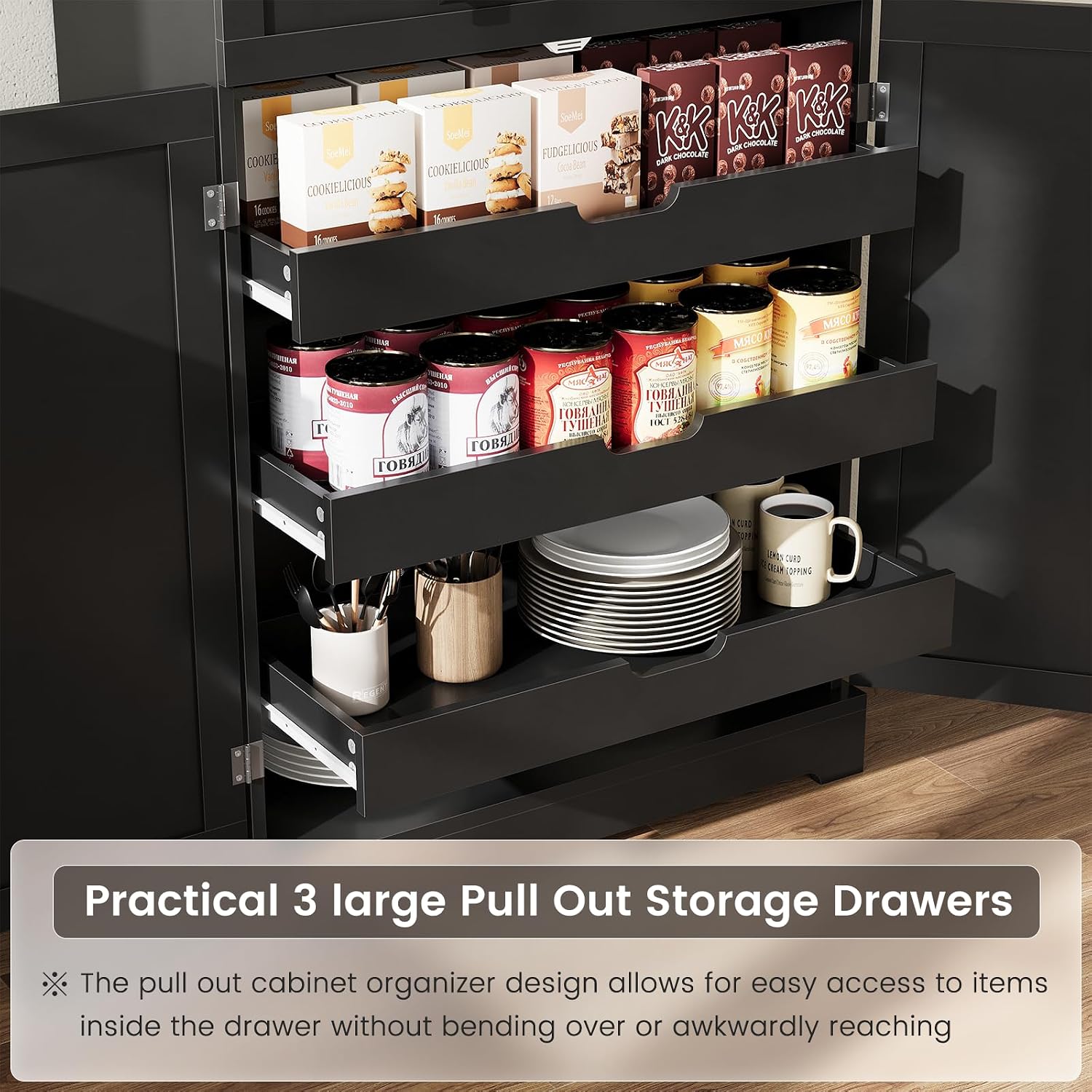 ELYKEN 72' Pantry Cabinet, Kitchen Storage Cabinet with 3 Pull Out Shelves & 8 Door Shelves, Tall Kitchen Pantry Cabinet with Adjustable Shelf, Kitchen Hutch with Large Drawer,for Dining Room