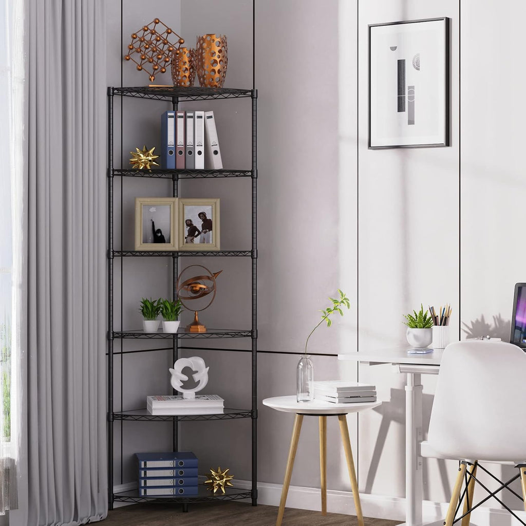 6 Tier NSF Metal Corner Shelf Wire Shelving Unit, 420lbs Capacity Heavy Duty Adjustable Storage Rack with Shelf Liners for Closet Kitchen Bathroom Garage Basement, 72' H x 18' L x 18' D - Black