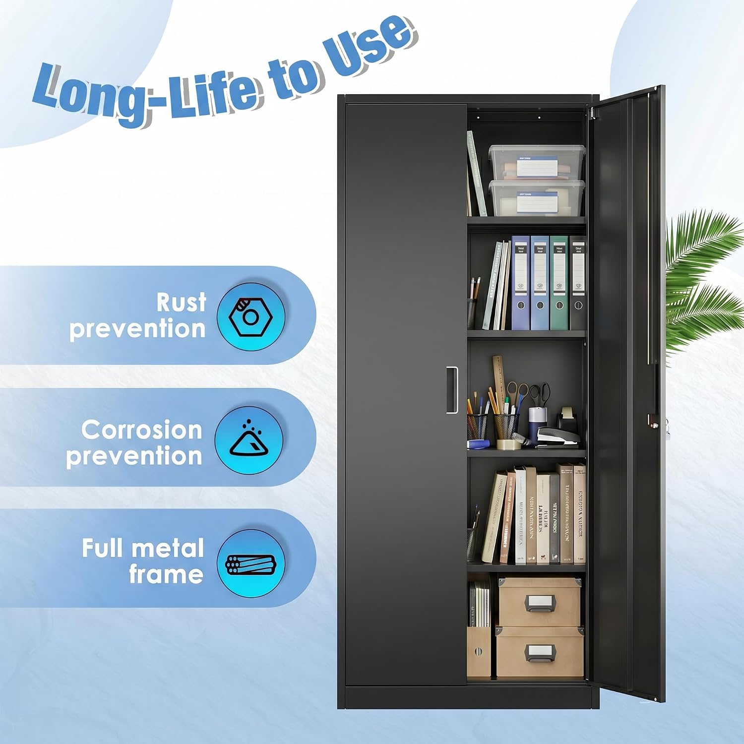 Metal Garage Storage Cabinet, Lockable Steel Storage Cabinet with 4 Adjustable Shelves for Garage, Office, Home, Assembly Required, Black, 15.75' D × 31.50' W × 70.87' H