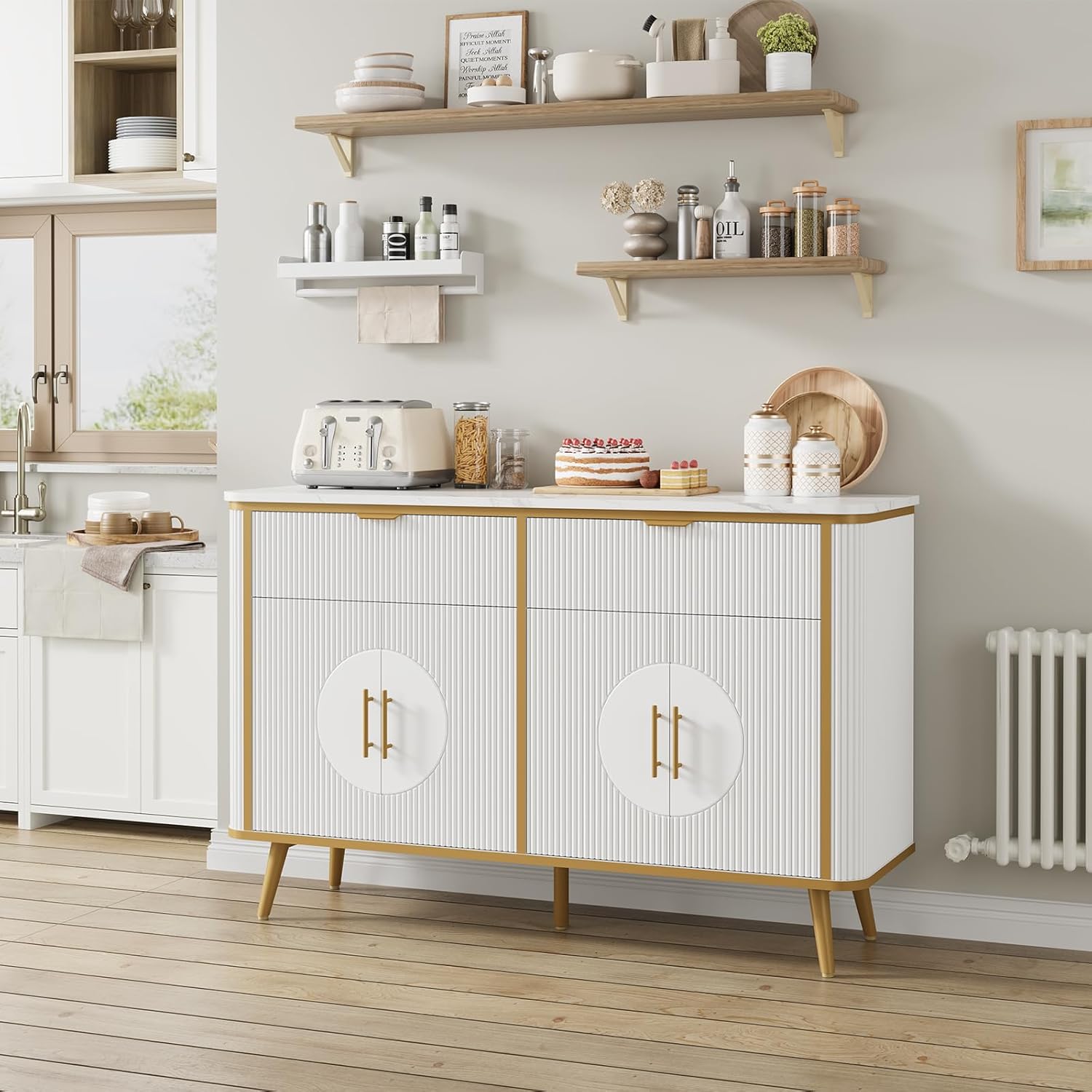 47.2' Buffet Storage Cabinet, Modern Fluted Coffee Bar Station with 2 Drawers & Adjustable Shelves, Kitchen Sideboard Buffet for Dining Room, Living Room, Hallway, White