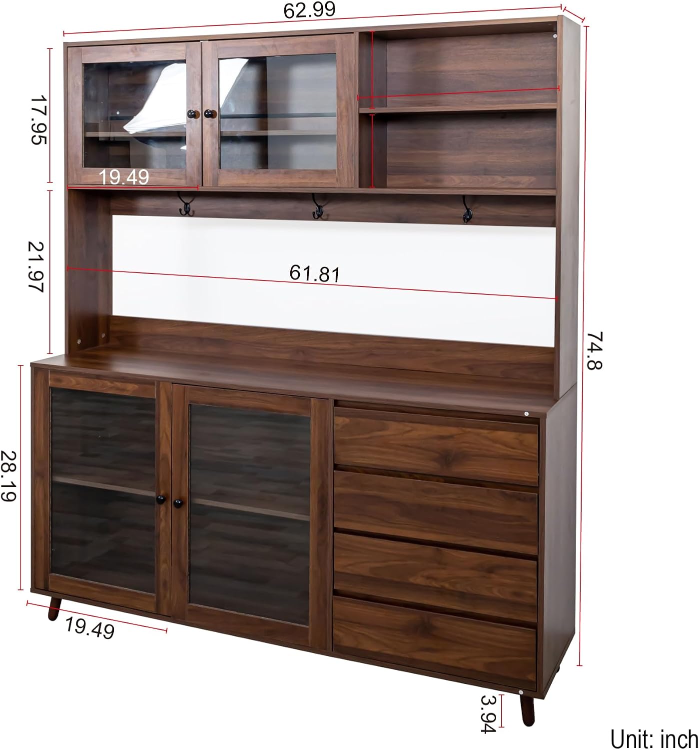 Ball & Cast 63' Large Kitchen Hutch Cabinet with Multi-Layer Shelves and 4 Doors & Drawers,Freestanding Pantry Storage Cupboard with Microwave Shelf,for Kitchen,Apartment,Livingroom,Walnut