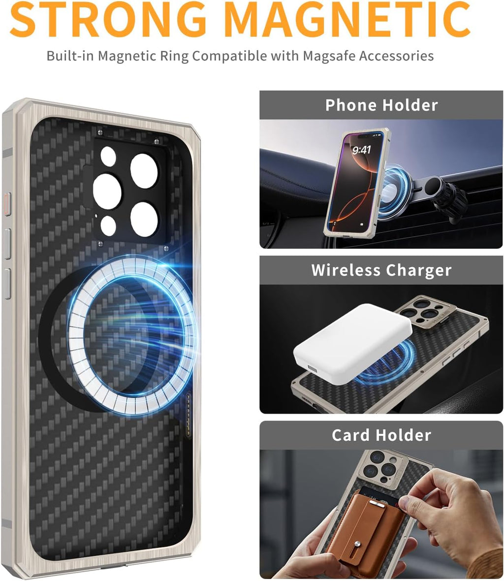 Luxury Carbon Fiber Aluminum Case for iPhone 16 Pro Max, Heavy Duty Rugged Military Protective Phone Cover with Camera Lens Protector Stand, Strong Magnetic Ring Compatible with Magsafe, Titanium