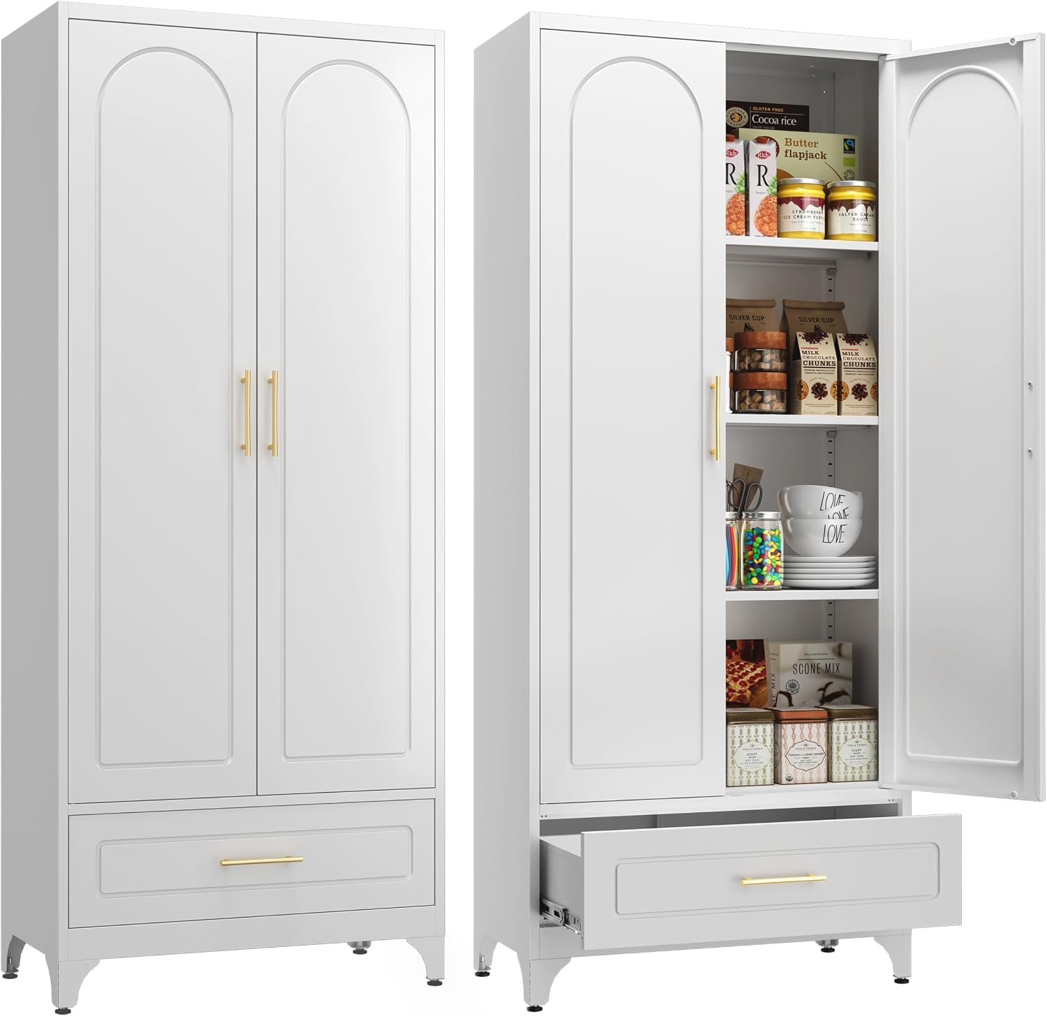 SteeLoong Metal Storage Cabinet with Drawers,75Inch White Pantry Cabinets for Kitchen Storage with 3 Adjustable Shelves,Tall Kitchen Pantry Cabinet for Living Room, Dining Room Office
