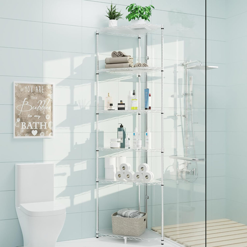 6 Tier NSF Storage Rack, 600lbs Capacity Metal Pentagonal Corner Wire Shelving Units with Adjustable Feet for Balcony, Kitchen, Bathroom, 72' H x 20' L x 20' W Chrome